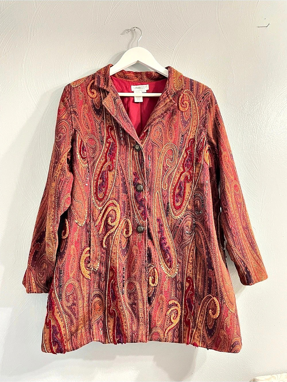 Coldwater Creek tapestry Coat Button Up paisley Textured sequin bohemian country